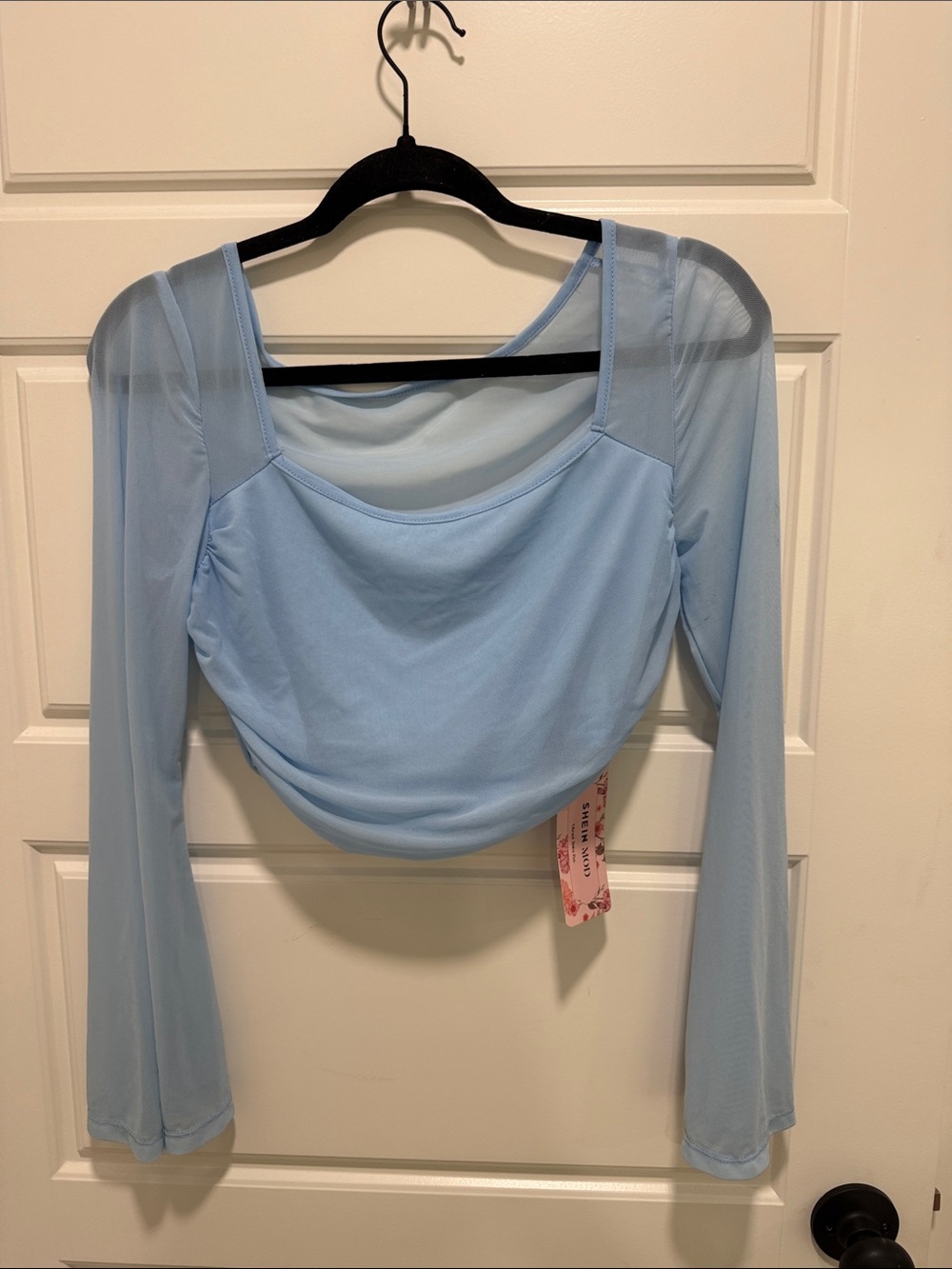 SHEIN Light Blue Long-Sleeve Mesh Crop Top